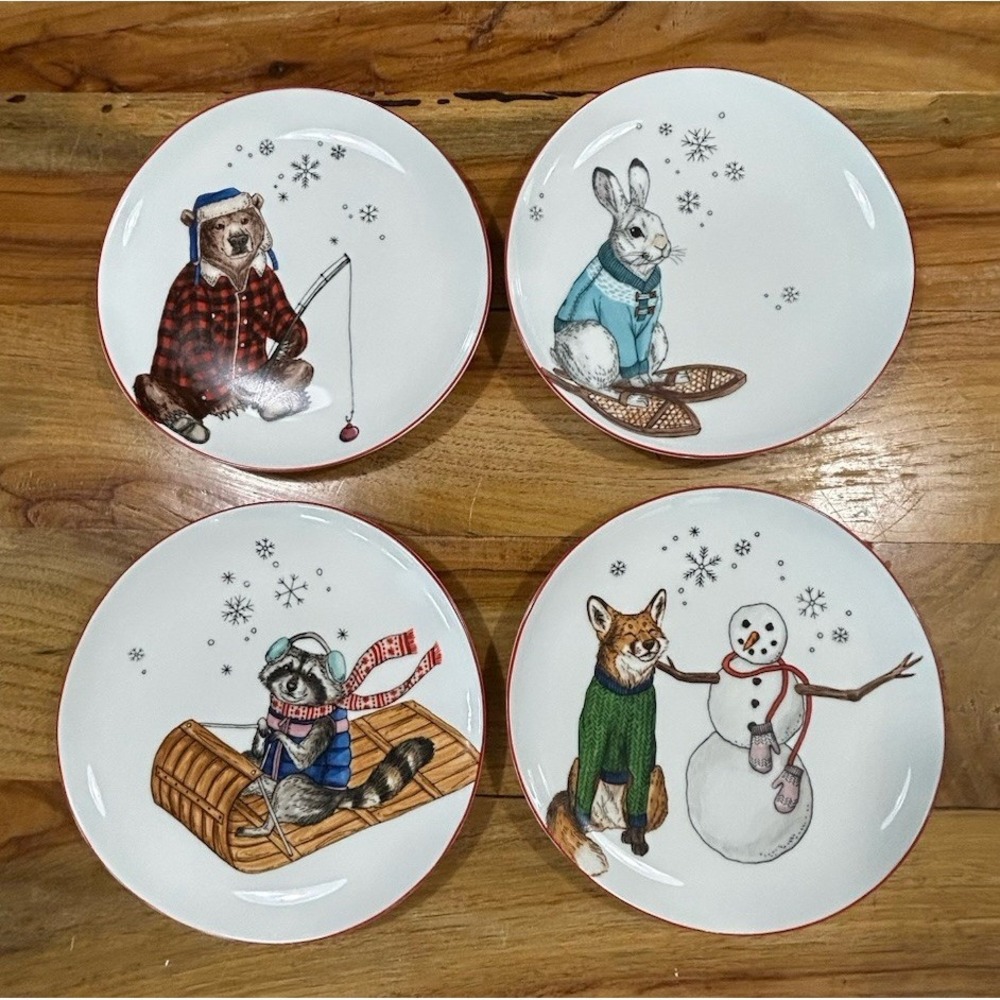 West Elm Rachel Kozlowski Dapper Animal Plates Holiday Lot of‎ 4 VGUC